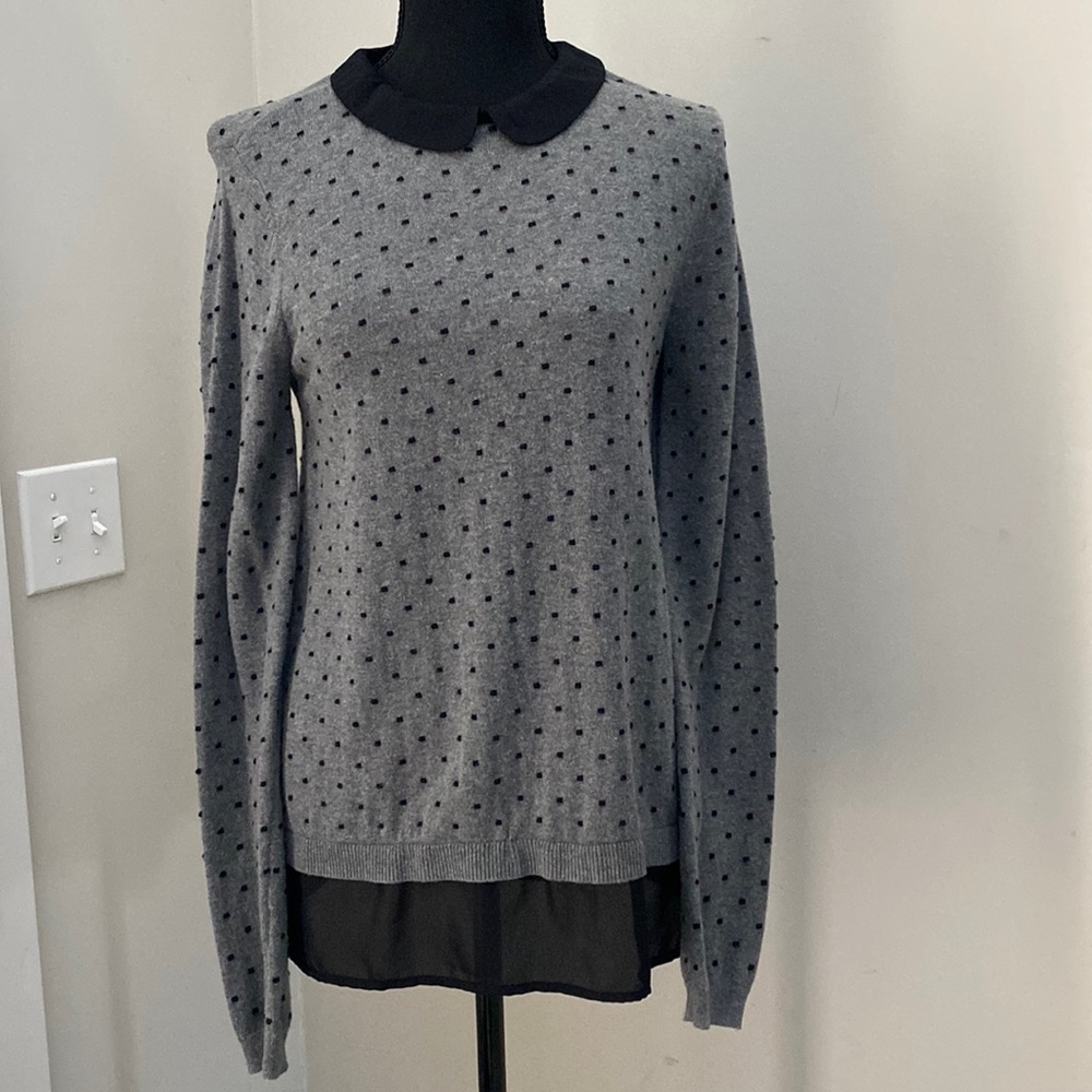 Vintage Elle Womens Dark Gray Polka Dot Faux Silk Trim Mixed Media Sweater S